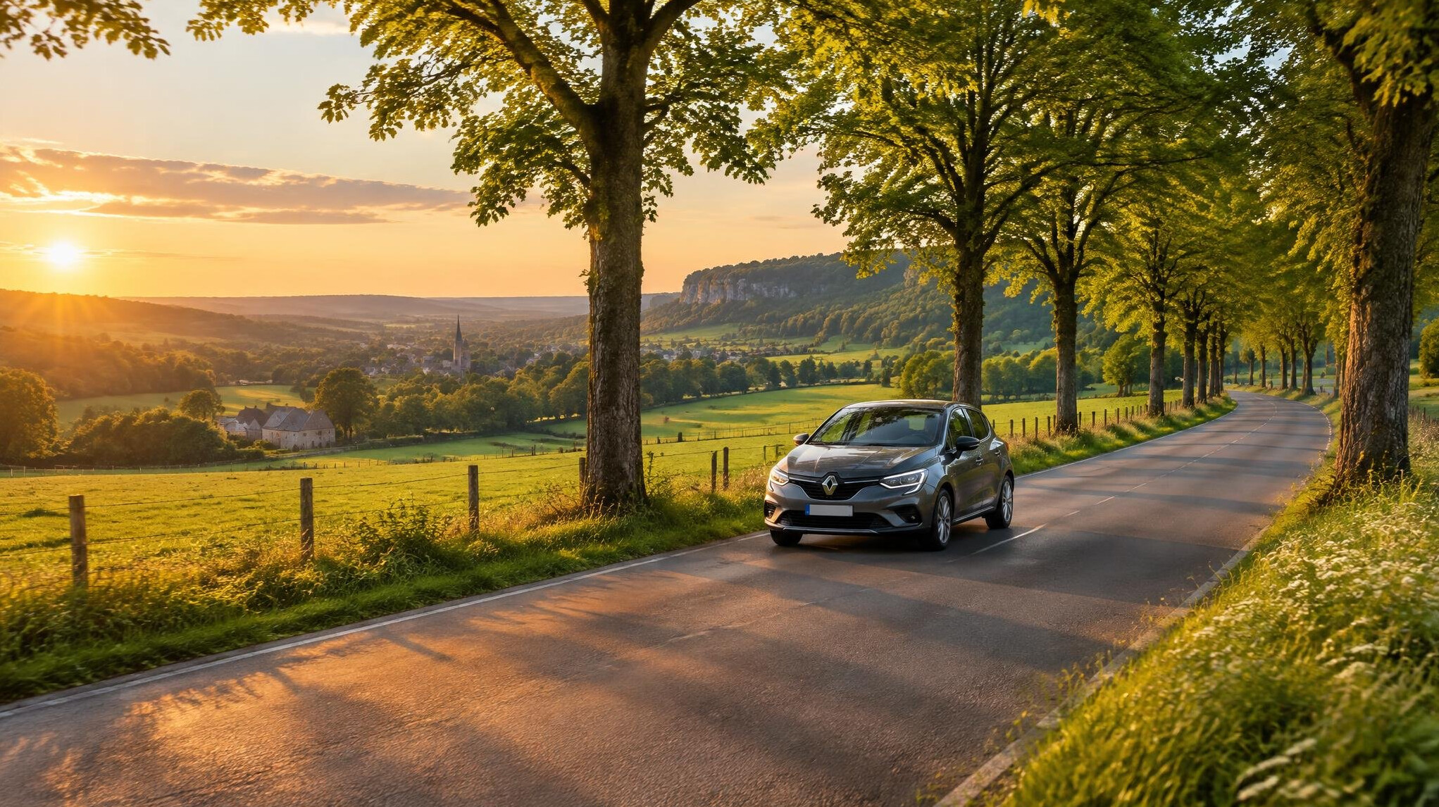 Car driving smoothly on a tree-lined country road at golden hour