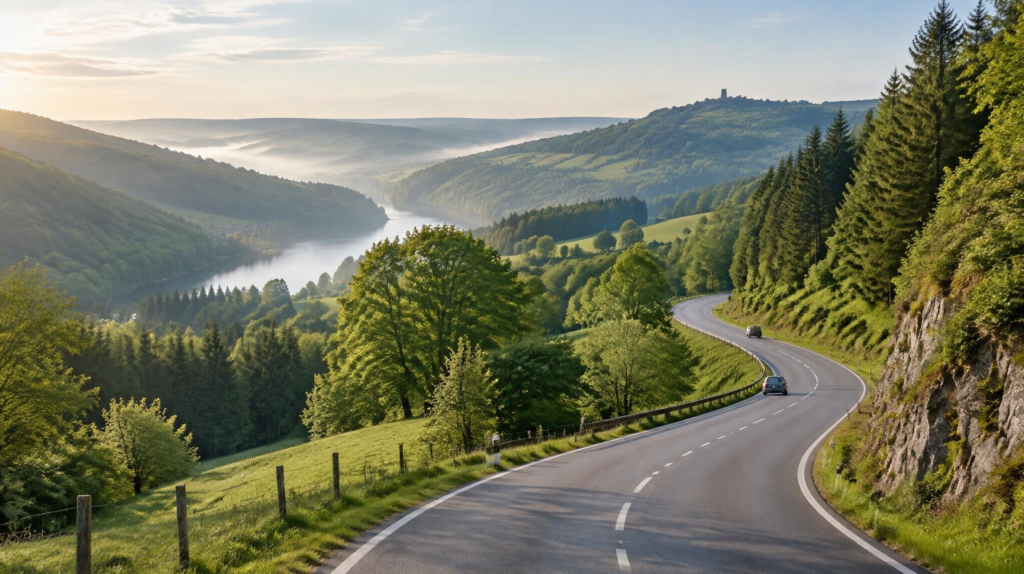 Winding scenic road through green hills